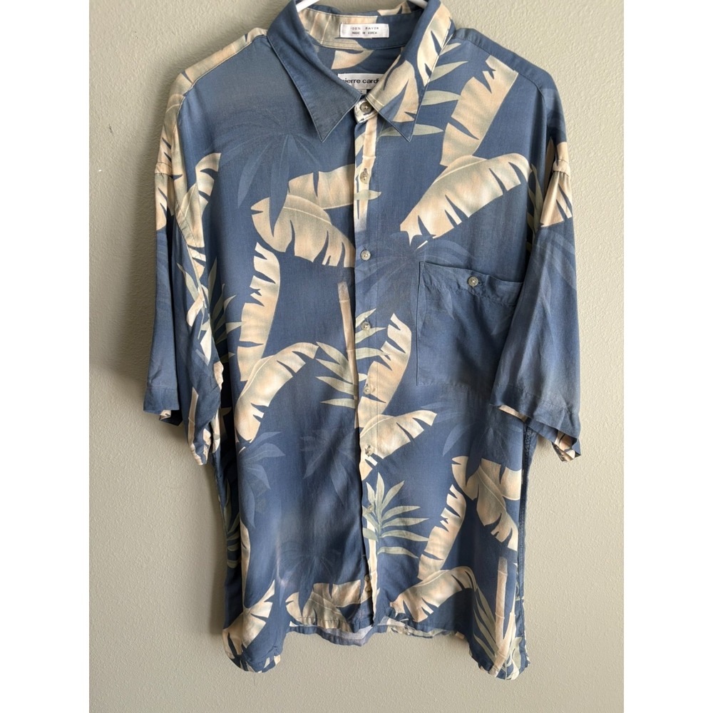 Pierre Cardin Mens Blue Short Sleeve Aloha Button Up Hawaiian Shirt Size XL‎